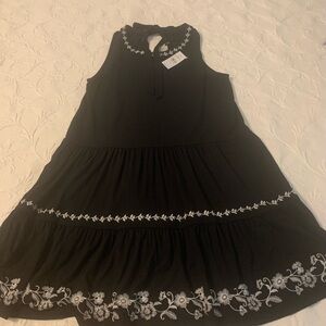 LOFT Woman’s  Black Tiered Dress with White Floral Embroidery
